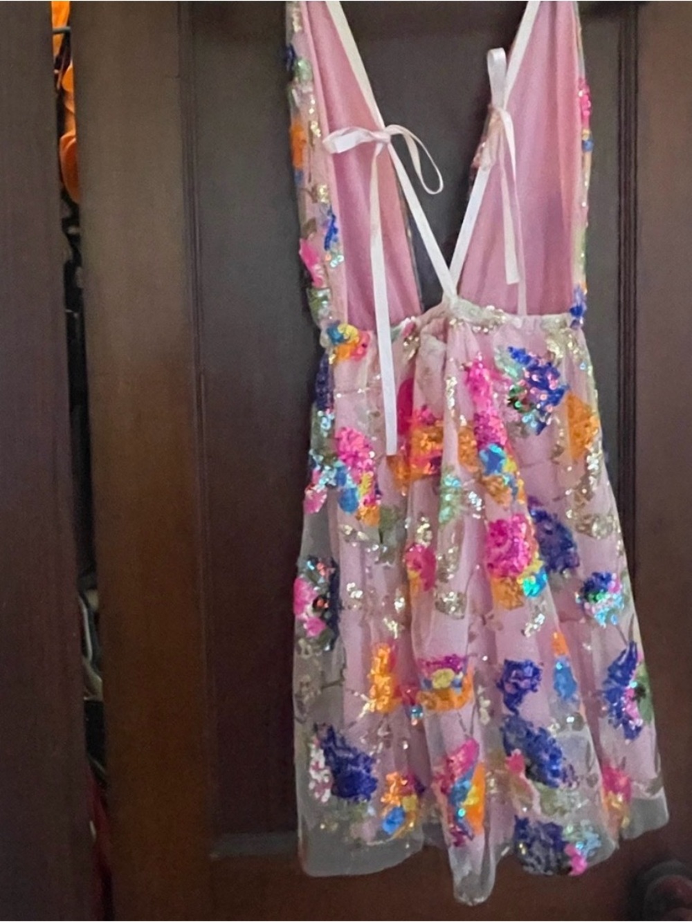 Floral Sequin Tiered Mini Dress - Pink Multicolor - Picture 3 of 4